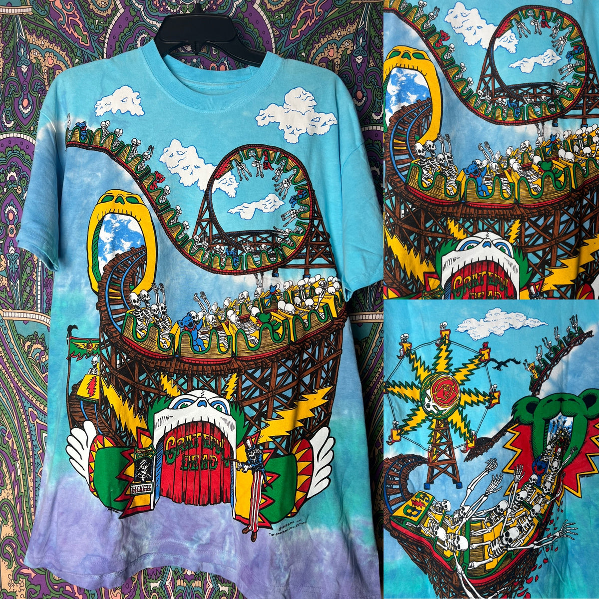 T-shirt Grateful Dead Tie-dye Noir Vintage Années 90 - Motif Roller Coaster - Taille L Homme