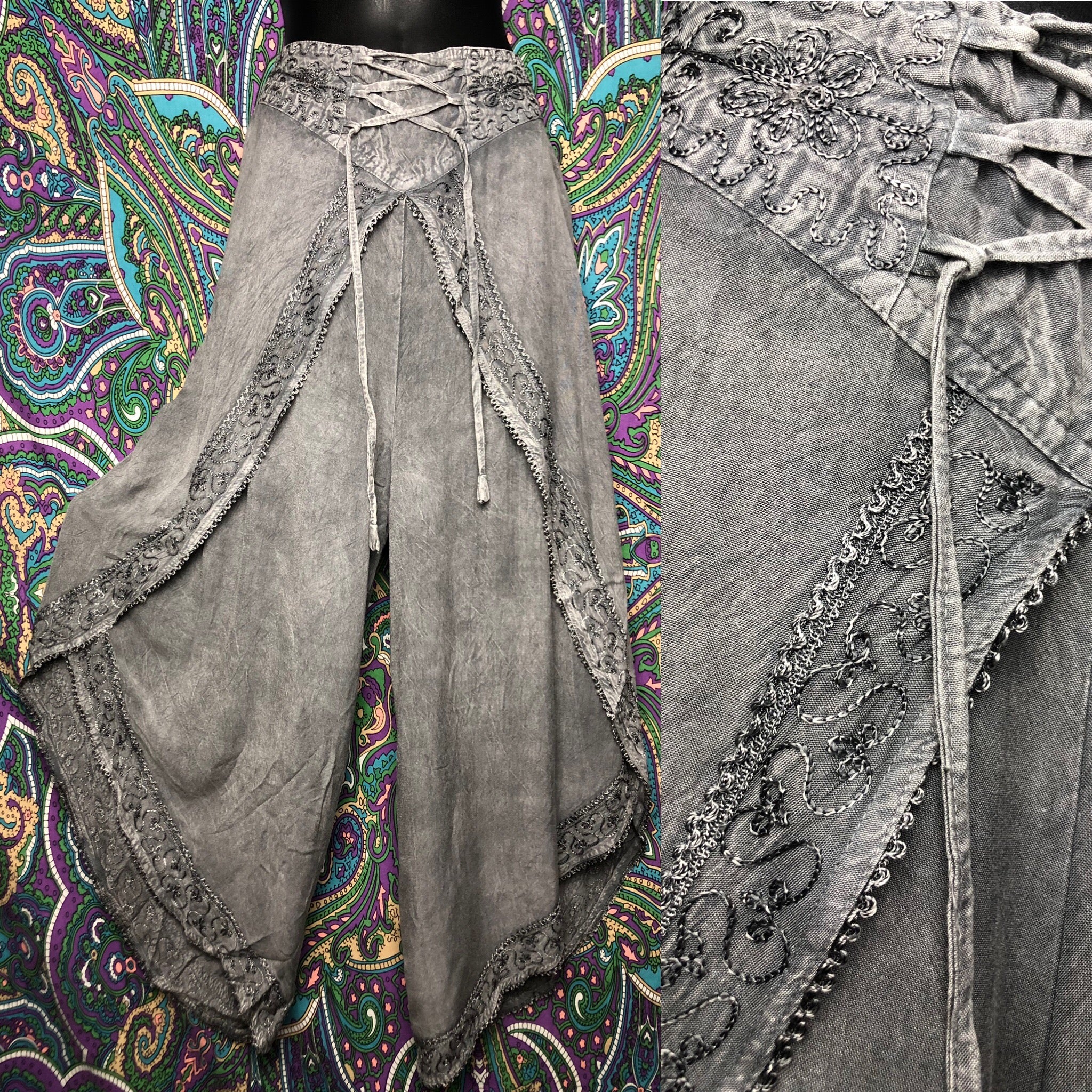 Grey Embroidery Tulip Pants