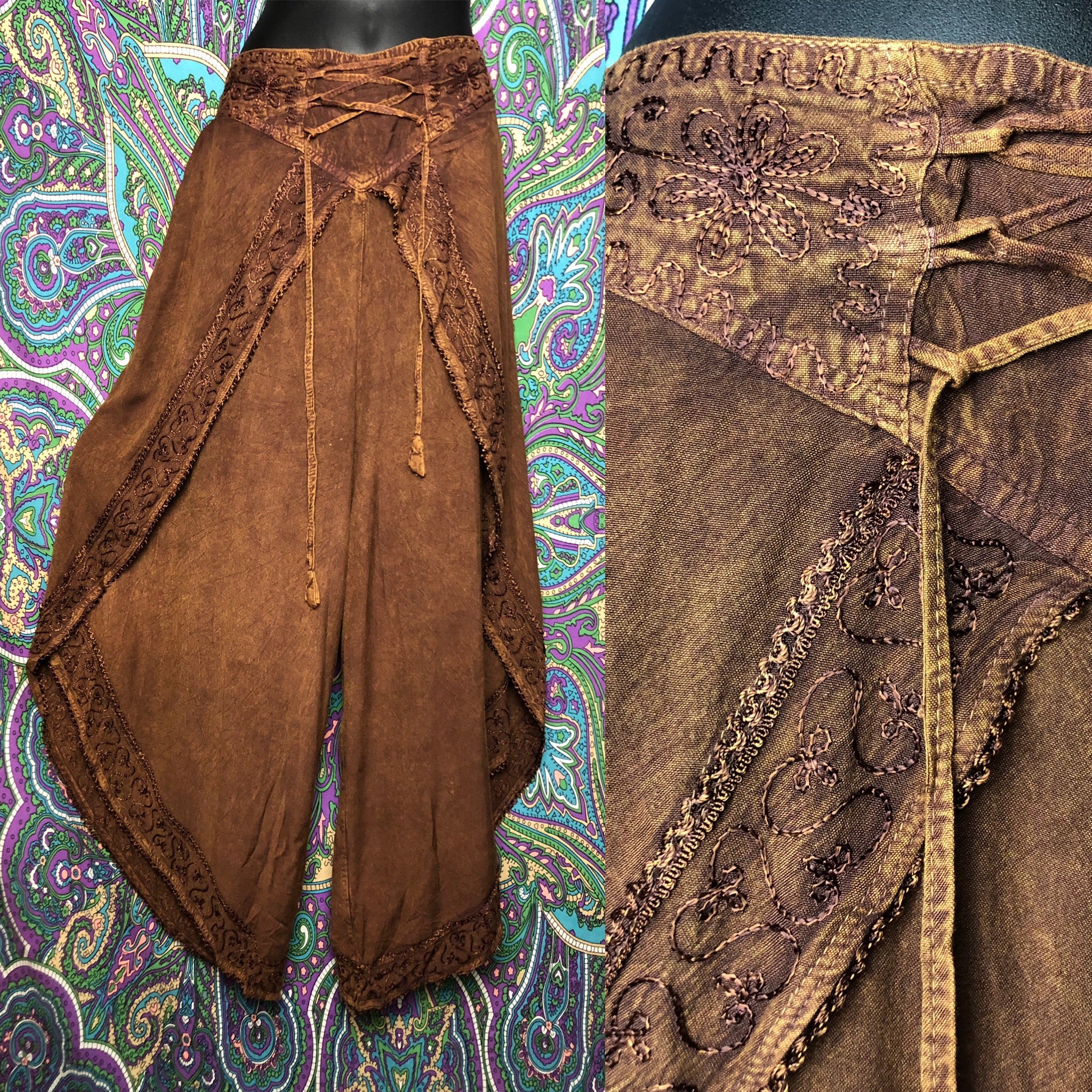 Brown Embroidery Tulip Pants