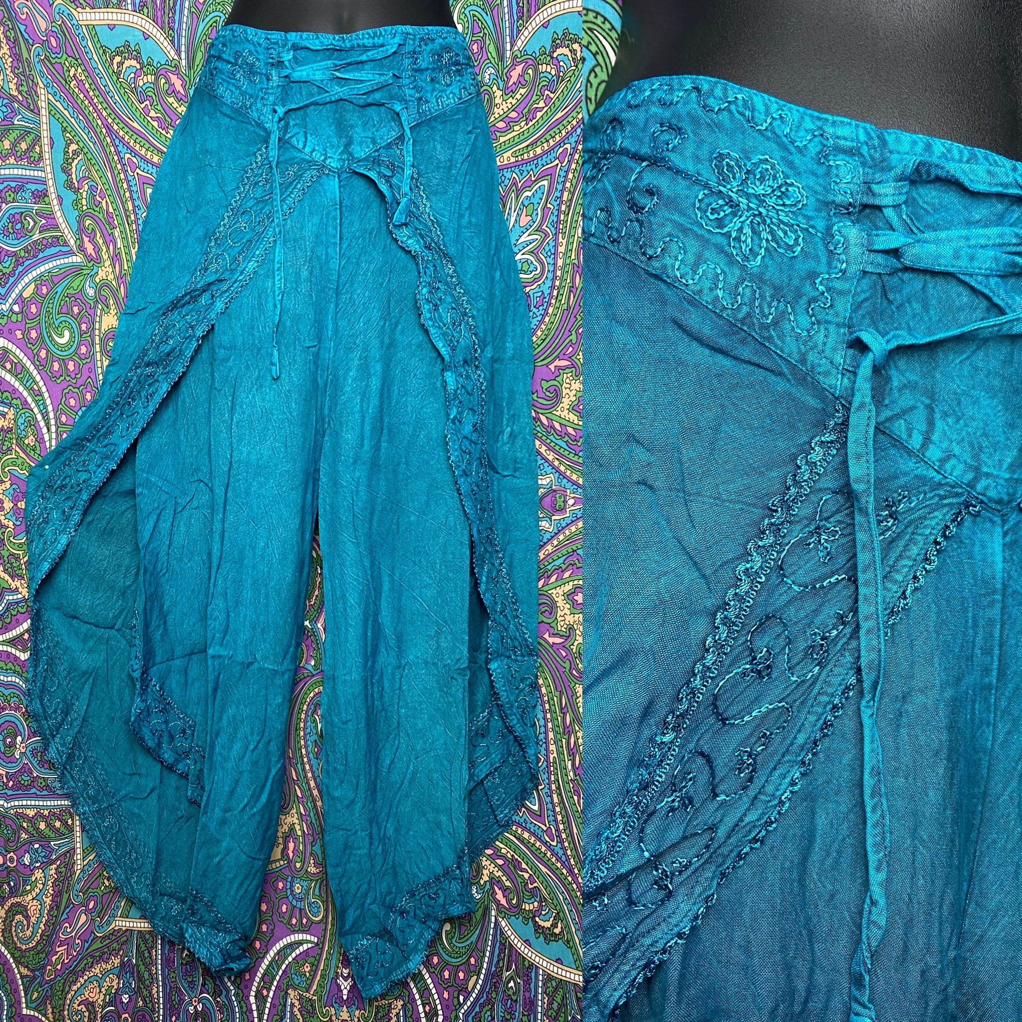 Turquoise Embroidery Tulip Pants
